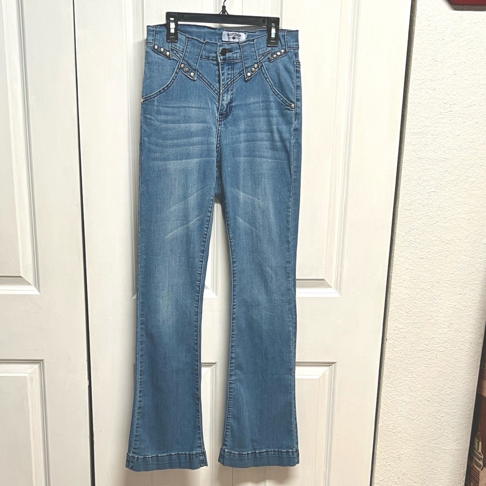 Crazy Train Medium Blue Flare Jeans with Studded Waist Jr Size 5